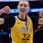 Jul 29, 2025; Los Angeles, California, USA; LA Sparks forward Cameron Brink (22) reacts against the Las Vegas Aces in the first half at Crypto.com Arena