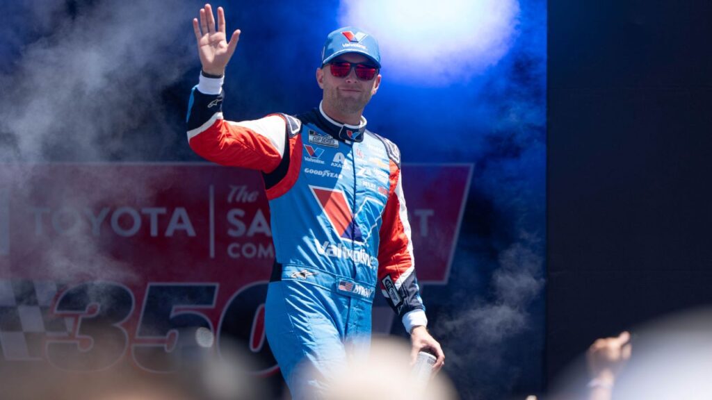 NASCAR Cup Series driver William Byron (24) waves after being introduced to fans before the start of the NASCAR Toyota / Save Mart 360 at Sonoma Raceway.