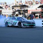 NASCAR Cup Series driver Chris Buescher (17) does a burn out following his victory in the Go Bowling at The Glen at Watkins Glen International.