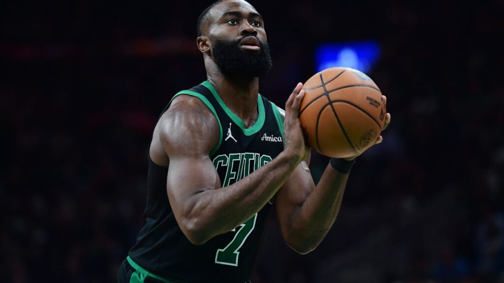May 14, 2025; Boston, Massachusetts, USA; Boston Celtics guard Jaylen Brown (7) shoots a free throw in the second half during game five of the second round for the 2025 NBA Playoffs against the New York Knicks at TD Garden.