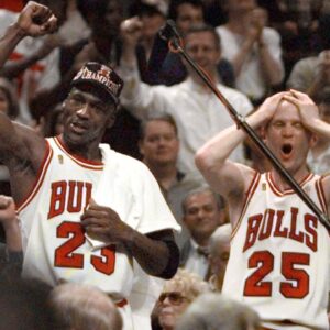 Michael Jordan and Steve Kerr celebrate Bulls 1997 championship