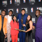 June 24, 2019; Los Angeles, CA, USA; Milwaukee Bucks forward Giannis Antetokounmpo poses with his family following his award of the NBA most valuable player at the 2019 NBA Awards show at Barker Hanger. Mandatory Credit: Gary A. Vasquez-Imagn Images