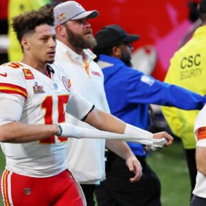 Kansas City Chiefs quarterback Patrick Mahomes (15) walks off the field after losing against the Philadelphia Eagles in Super Bowl LIX at Caesars Superdome.