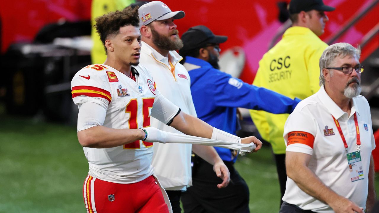 Kansas City Chiefs quarterback Patrick Mahomes (15) walks off the field after losing against the Philadelphia Eagles in Super Bowl LIX at Caesars Superdome.