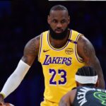 Los Angeles Lakers forward LeBron James (23) controls the ball against Minnesota Timberwolves guard Nickeil Alexander-Walker (9) during the first half in game five of first round for the 2025 NBA Playoffs at Crypto.com Arena.