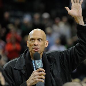 Milwaukee, WI, USA; Kareem Abdul-Jabbar, the leading scorer in Milwaukee Bucks and NBA history, waves to fans during game against the Utah Jazz at BMO Harris Bradley Center.