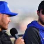 NASCAR Cup Series driver Chase Elliott (9) and driver Kyle Larson (5) during media availabilities at Los Angeles Memorial Coliseum.