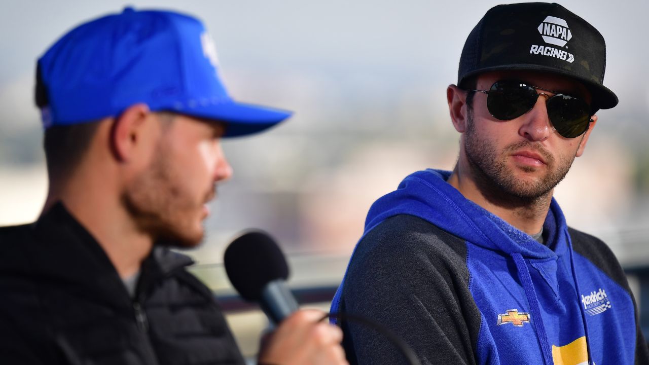 NASCAR Cup Series driver Chase Elliott (9) and driver Kyle Larson (5) during media availabilities at Los Angeles Memorial Coliseum.