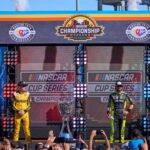 (L-R) The NASCAR Cup Series Championship Four, William Byron (24), Christopher Bell (20), Ryan Blaney (12) and Kyle Larson (5) stand on stage during driver introductions for the Cup Series Championship race at Phoenix Raceway in Avondale on Nov. 5, 2023.