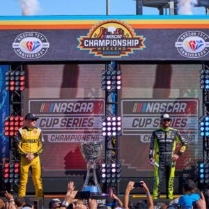 (L-R) The NASCAR Cup Series Championship Four, William Byron (24), Christopher Bell (20), Ryan Blaney (12) and Kyle Larson (5) stand on stage during driver introductions for the Cup Series Championship race at Phoenix Raceway in Avondale on Nov. 5, 2023.