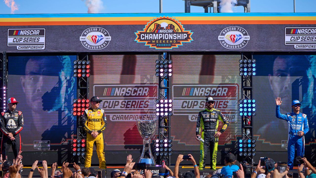 (L-R) The NASCAR Cup Series Championship Four, William Byron (24), Christopher Bell (20), Ryan Blaney (12) and Kyle Larson (5) stand on stage during driver introductions for the Cup Series Championship race at Phoenix Raceway in Avondale on Nov. 5, 2023.
