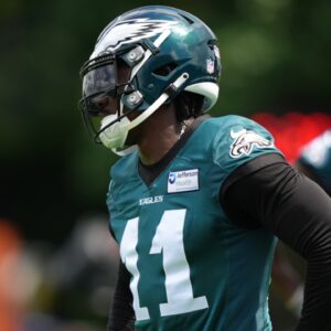 Jun 10, 2025; Philadelphia, PA, USA; Philadelphia Eagles wide receiver A.J. Brown (11) looks on during a practice drill at NovaCare Complex.