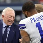 Dallas Cowboys owner Jerry Jones meets with outside linebacker Micah Parsons (11) prior to the NFC Wild Card playoff football game against the San Francisco 49ers at AT&T Stadium.