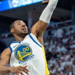 Golden State Warriors forward Jonathan Kuminga (00) drives to the basket against the Minnesota Timberwolves in the second half during game five of the second round for the 2025 NBA Playoffs at Target Center.