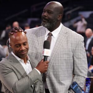 Richard Jefferson and Shaquille O'Neal look on before game five of the eastern conference finals for the 2025 NBA Playoffs at Madison Square Garden.