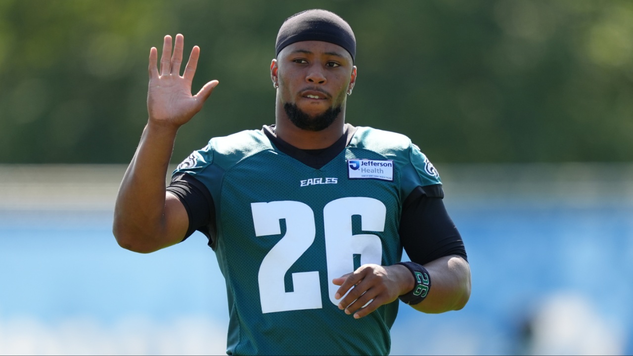 Philadelphia Eagles running back Saquon Barkley (26) waves during training camp at NovaCare Complex.