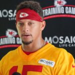 Kansas City Chiefs quarterback Patrick Mahomes (15) speaks to media after training camp at Missouri Western State University.