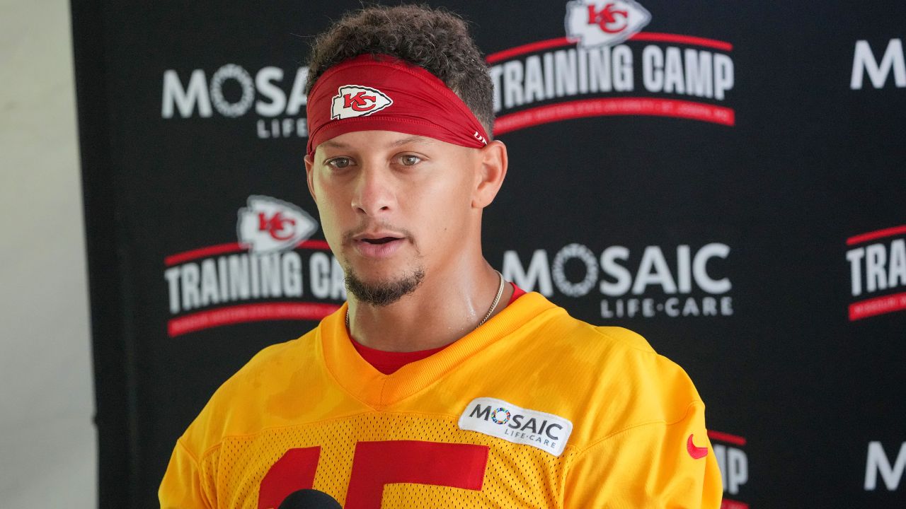 Kansas City Chiefs quarterback Patrick Mahomes (15) speaks to media after training camp at Missouri Western State University.
