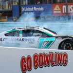 NASCAR Cup Series driver Chris Buescher (17) celebrates after winning the Go Bowling at The Glen at Watkins Glen International.