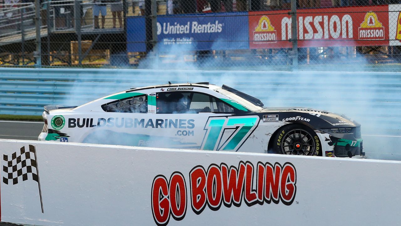 NASCAR Cup Series driver Chris Buescher (17) celebrates after winning the Go Bowling at The Glen at Watkins Glen International.