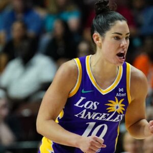 Los Angeles Sparks guard Kelsey Plum (10) reacts after her three point basket against the Connecticut Sun in the second half at Mohegan Sun Arena.