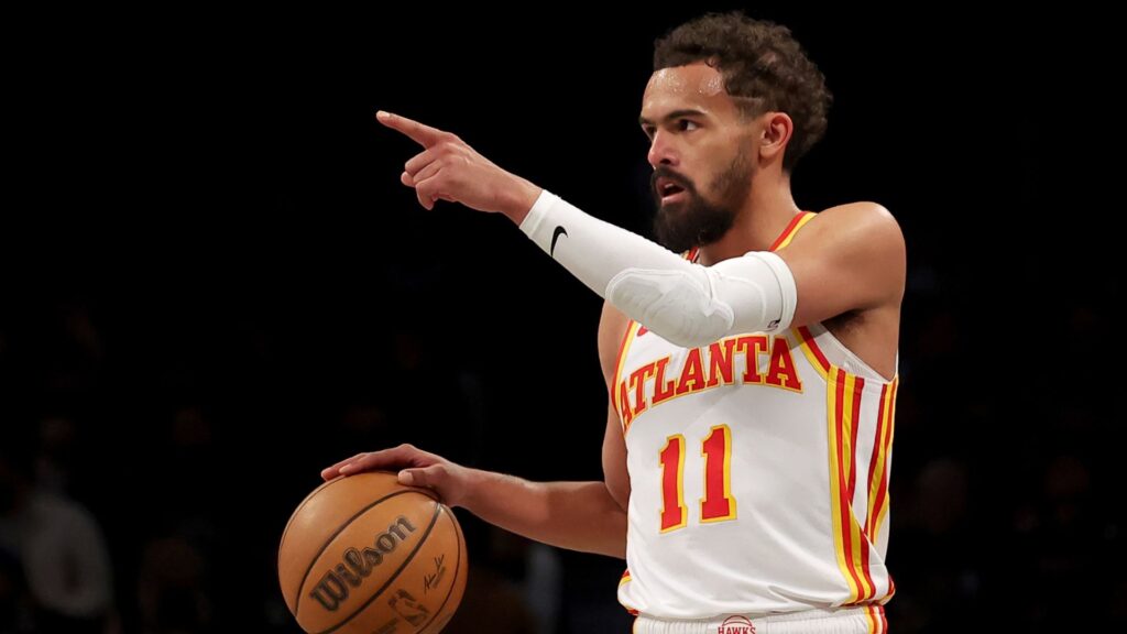 Apr 10, 2025; Brooklyn, New York, USA; Atlanta Hawks guard Trae Young (11) controls the ball against the Brooklyn Nets during the third quarter at Barclays Center.