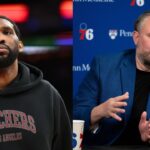 Joel Embiid (L) , Daryl Morey (R)