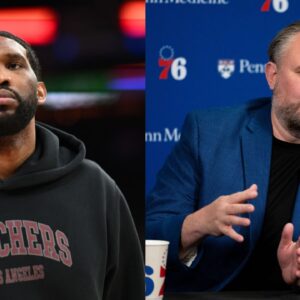 Joel Embiid (L) , Daryl Morey (R)