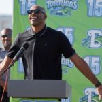 Vince Carter is honored during a jersey retirement ceremony at Jackie Robinson Ballpark in Daytona Beach, Saturday, July 26, 2025.