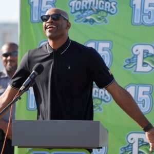 Vince Carter is honored during a jersey retirement ceremony at Jackie Robinson Ballpark in Daytona Beach, Saturday, July 26, 2025.