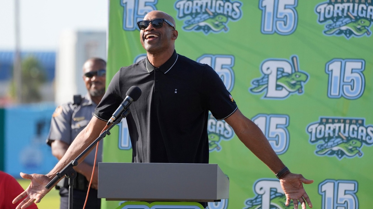 Vince Carter is honored during a jersey retirement ceremony at Jackie Robinson Ballpark in Daytona Beach, Saturday, July 26, 2025.