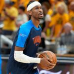Jun 19, 2025; Indianapolis, Indiana, USA; Oklahoma City Thunder guard Shai Gilgeous-Alexander (2) warms up before game six of the 2025 NBA Finals between the Oklahoma City Thunder and the Indiana Pacers at Gainbridge Fieldhouse.