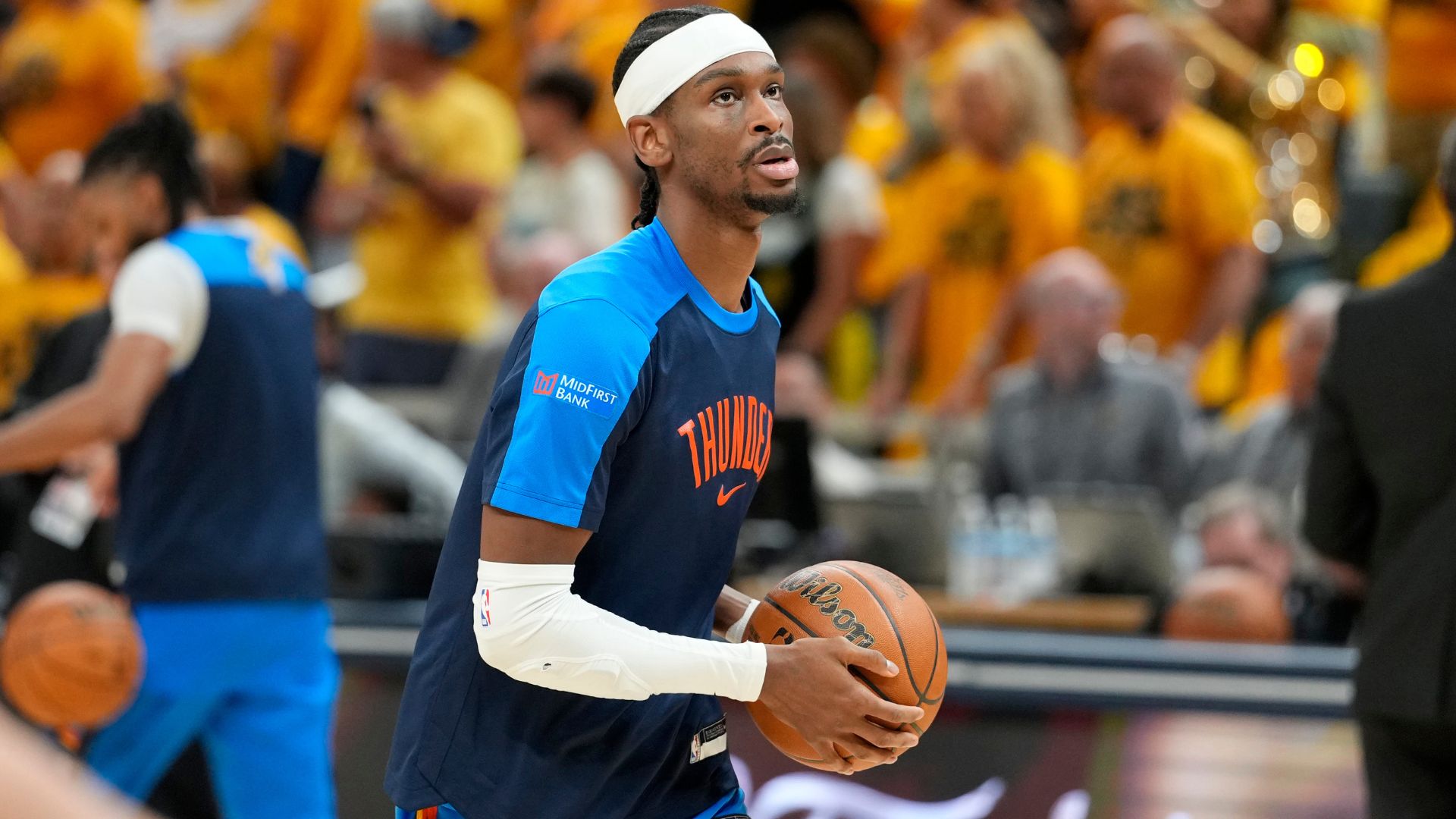 Jun 19, 2025; Indianapolis, Indiana, USA; Oklahoma City Thunder guard Shai Gilgeous-Alexander (2) warms up before game six of the 2025 NBA Finals between the Oklahoma City Thunder and the Indiana Pacers at Gainbridge Fieldhouse.