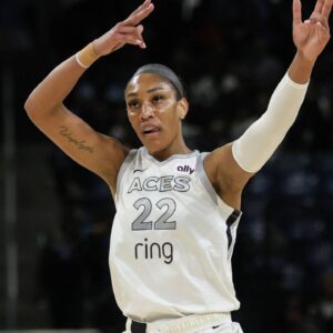 A ja Wilson (22 Las Vegas Aces) celebrates a three pointer during the game between the Chicago Sky and Las Vegas Aces on Monday August 25, 2025 at Wintrust Arena, Chicago, USA.