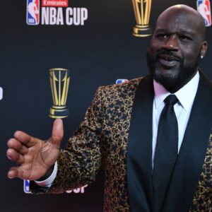 Shaquille O'Neal arrives on the red carpet before the Emirates NBA Cup semifinal game at T-Mobile Arena.