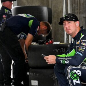 NASCAR Cup Series driver Kyle Busch (8) sits in his garage Friday, July 25, 2025, ahead of practice at Indianapolis Motor Speedway in preparation for the Brickyard 400. Cup practice was cancelled due weather in the area.