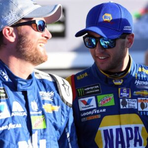 NASCAR Cup Series driver Dale Earnhardt Jr. (88) greet driver Chase Elliott (24) in victory lane after the two won the Front Row for the Daytona 500 at Daytona International Speedway. Chase Elliott won the Daytona 500 pole for second straight year.