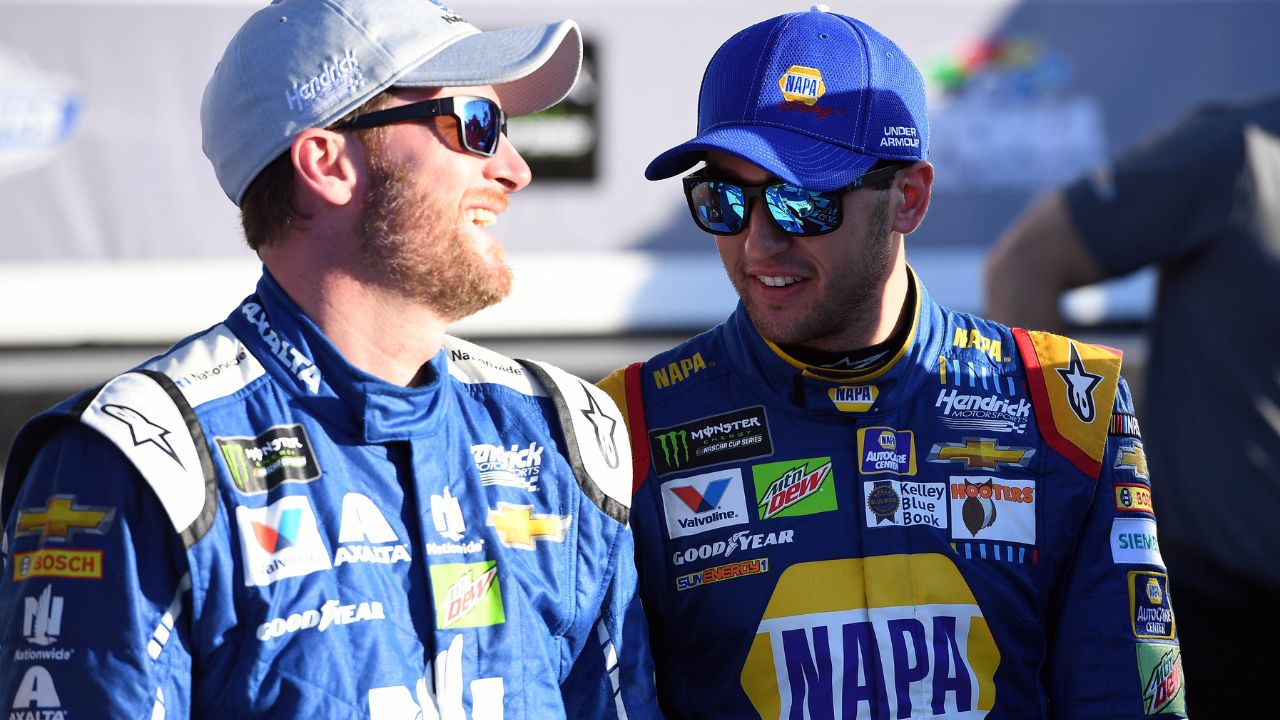 NASCAR Cup Series driver Dale Earnhardt Jr. (88) greet driver Chase Elliott (24) in victory lane after the two won the Front Row for the Daytona 500 at Daytona International Speedway. Chase Elliott won the Daytona 500 pole for second straight year.