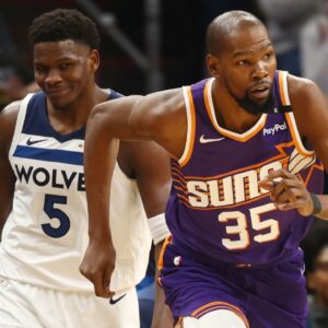 Phoenix Suns forward Kevin Durant (35) against Minnesota Timberwolves guard Anthony Edwards (5) at Footprint Center