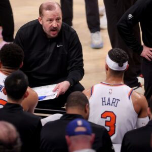 May 16, 2025; New York, New York, USA; New York Knicks head coach Tom Thibodeau talks to center Karl-Anthony Towns (32) and guard Josh Hart (3) and forward OG Anunoby (8) during a time out during the third quarter of game six in the second round of the 2025 NBA Playoffs against the Boston Celtics at Madison Square Garden.