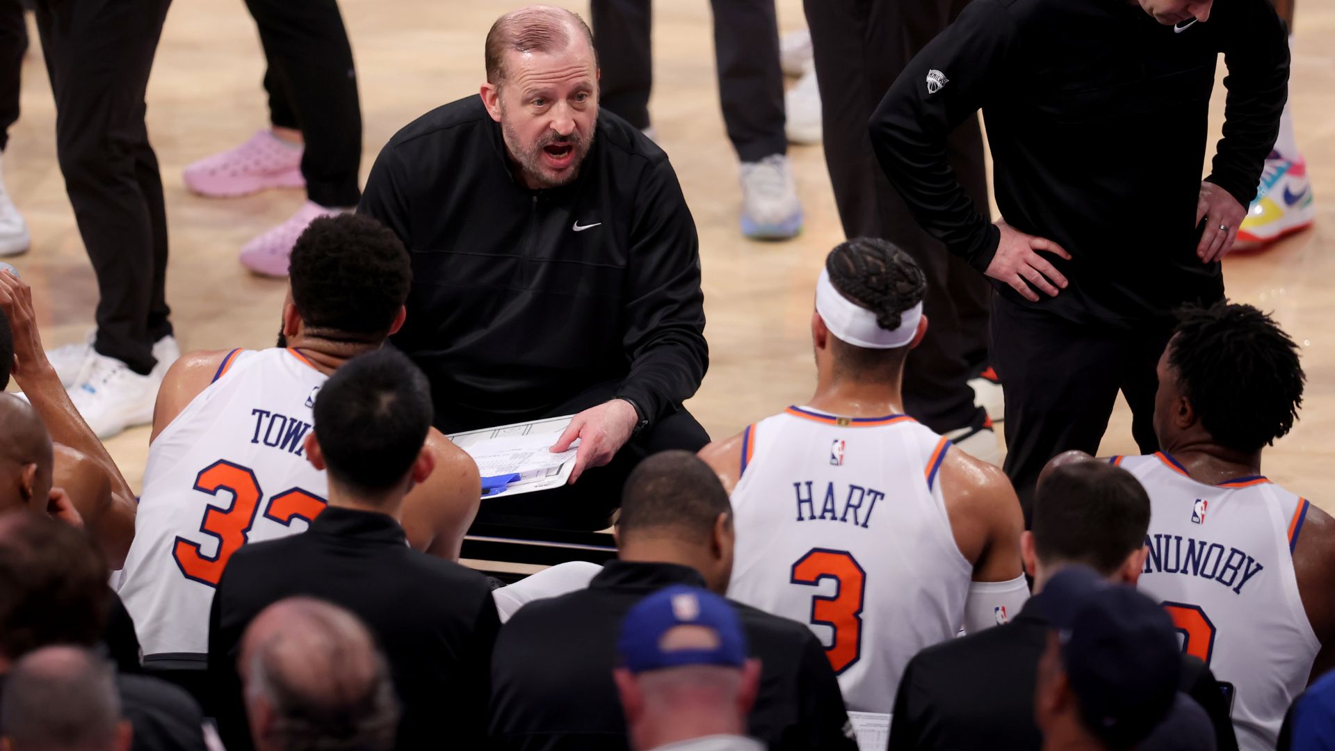 May 16, 2025; New York, New York, USA; New York Knicks head coach Tom Thibodeau talks to center Karl-Anthony Towns (32) and guard Josh Hart (3) and forward OG Anunoby (8) during a time out during the third quarter of game six in the second round of the 2025 NBA Playoffs against the Boston Celtics at Madison Square Garden.