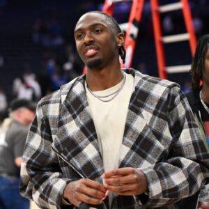 Philadelphia 76ers guard Tyrese Maxey looks on after the game against the Indiana Pacers at Wells Fargo Cente