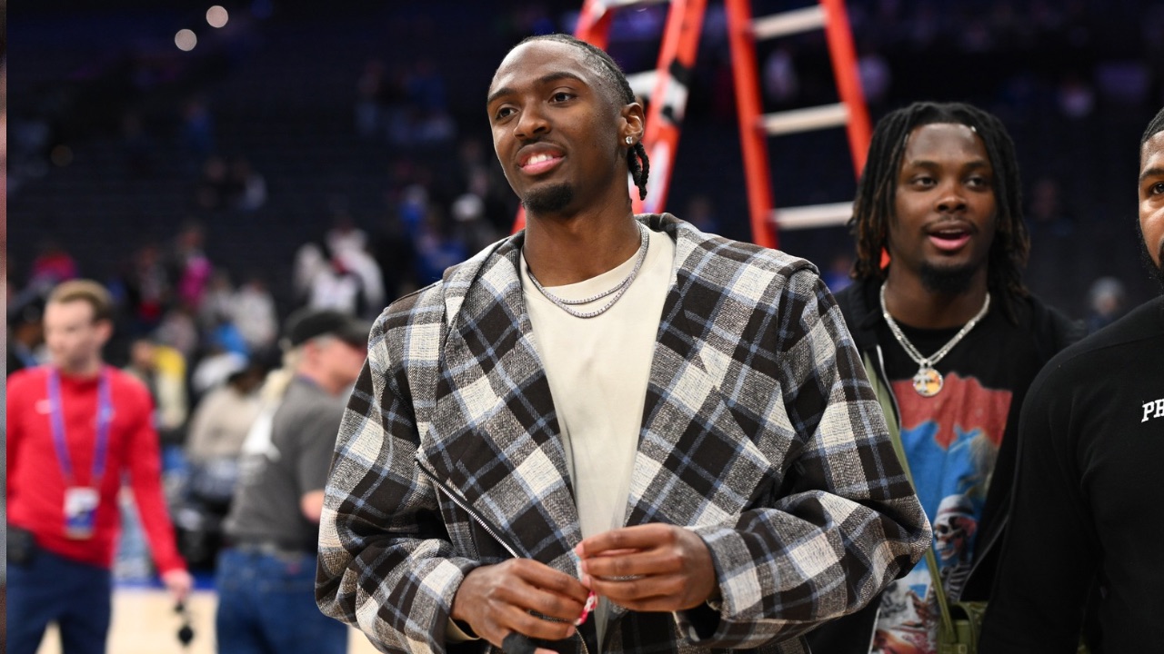 Philadelphia 76ers guard Tyrese Maxey looks on after the game against the Indiana Pacers at Wells Fargo Cente