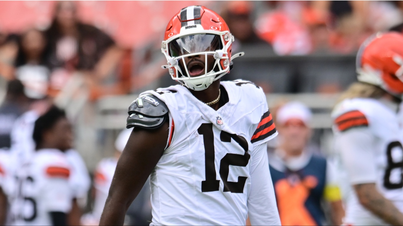 Cleveland Browns quarterback Shedeur Sanders (12) reacts during the second half against the Los Angeles Rams at Huntington Bank Field.