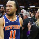 New York Knicks guard Jalen Brunson (11) reacts after game six of the eastern conference finals against the Indiana Pacers for the 2025 NBA Playoffs at Gainbridge Fieldhouse.