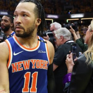 New York Knicks guard Jalen Brunson (11) reacts after game six of the eastern conference finals against the Indiana Pacers for the 2025 NBA Playoffs at Gainbridge Fieldhouse.