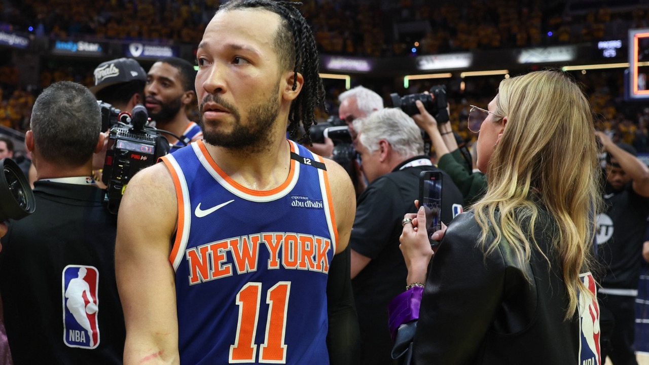New York Knicks guard Jalen Brunson (11) reacts after game six of the eastern conference finals against the Indiana Pacers for the 2025 NBA Playoffs at Gainbridge Fieldhouse.