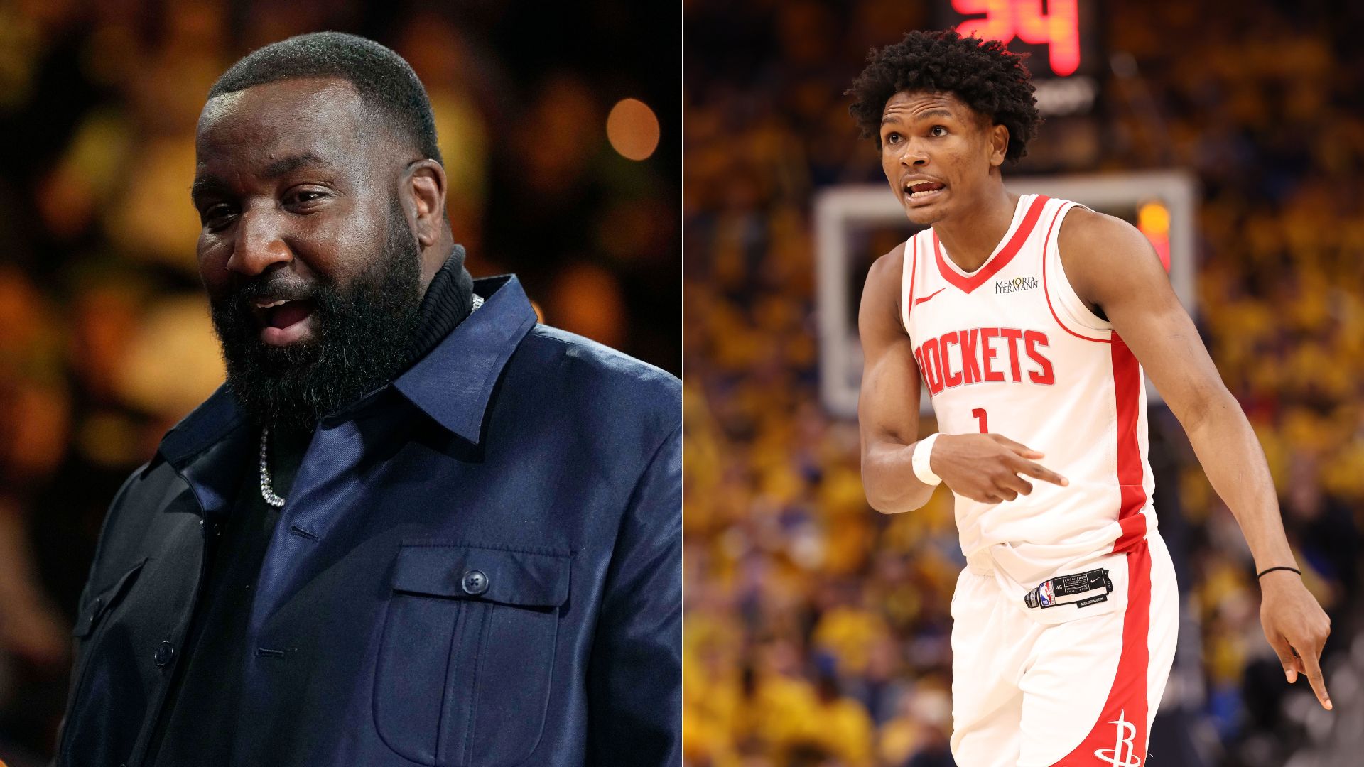 Kendrick Perkins (L) and Amen Thompson (R)