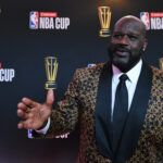 Dec 14, 2024; Las Vegas, NV, USA; Shaquille O'Neal arrives on the red carpet before the Emirates NBA Cup semifinal game at T-Mobile Arena.