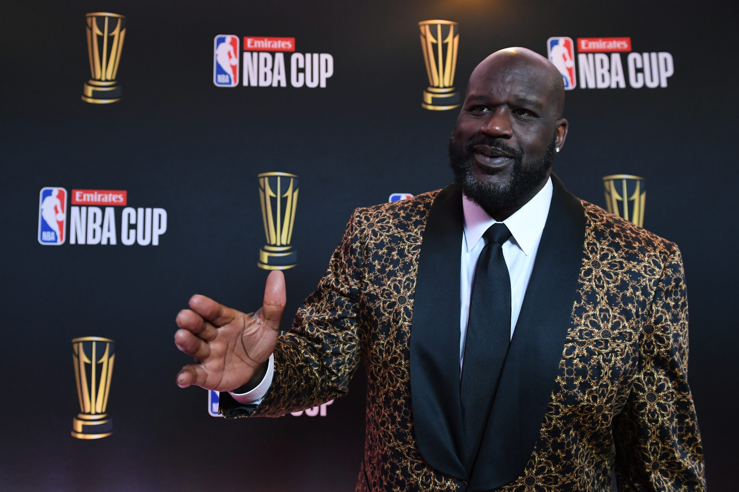 Dec 14, 2024; Las Vegas, NV, USA; Shaquille O'Neal arrives on the red carpet before the Emirates NBA Cup semifinal game at T-Mobile Arena.